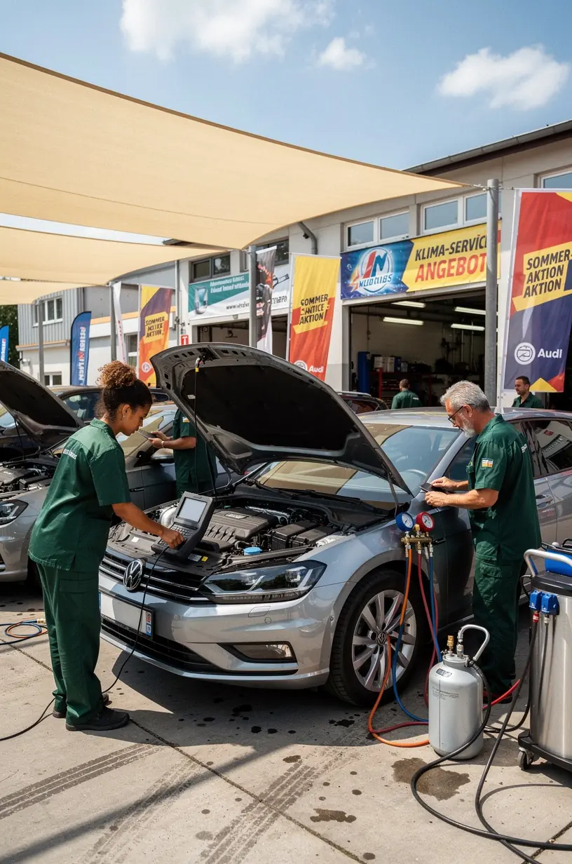 Moderne Werkstatt mit mehreren Fahrzeugen, die auf Klimaanlagenreparatur in Deutschland warten