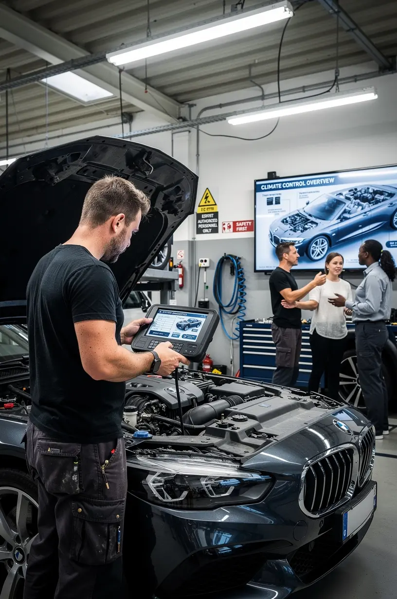 Techniker erklärt einem Kunden transparent die notwendigen Reparaturschritte an der Fahrzeugklimaanlage