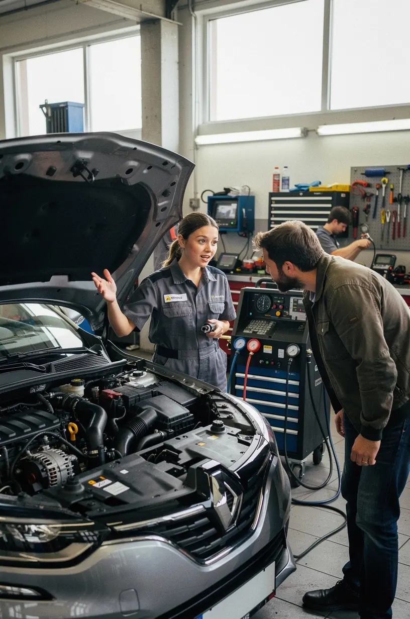 Nahaufnahme eines Diagnosegeräts zur Klimasystemanalyse in einer deutschen Auto-Klimaanlagen-Serviceeinrichtung